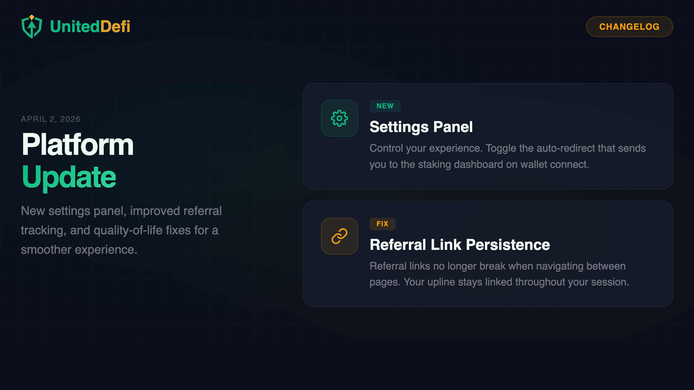 April 2 platform update — Settings panel and referral link fix